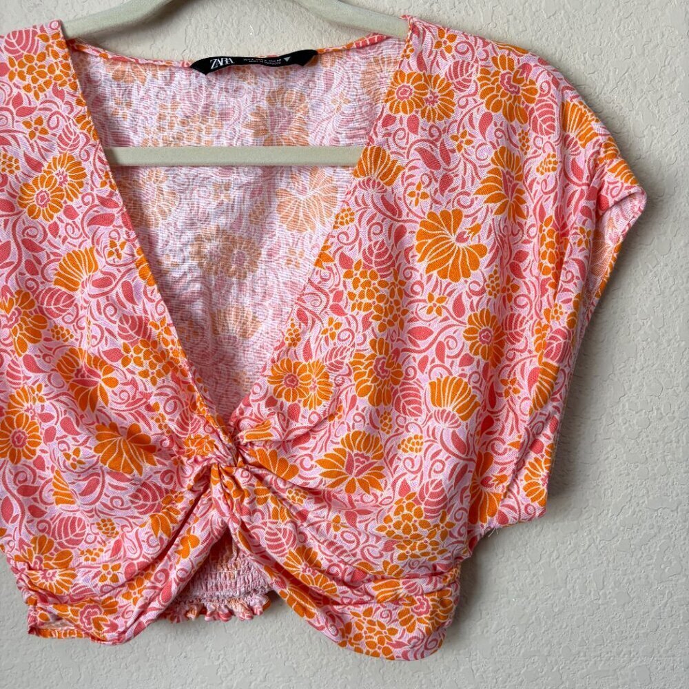 Zara Linen Blend Boho Floral Print Cropped Twist Front Blouse Top - Picture 4 of 8